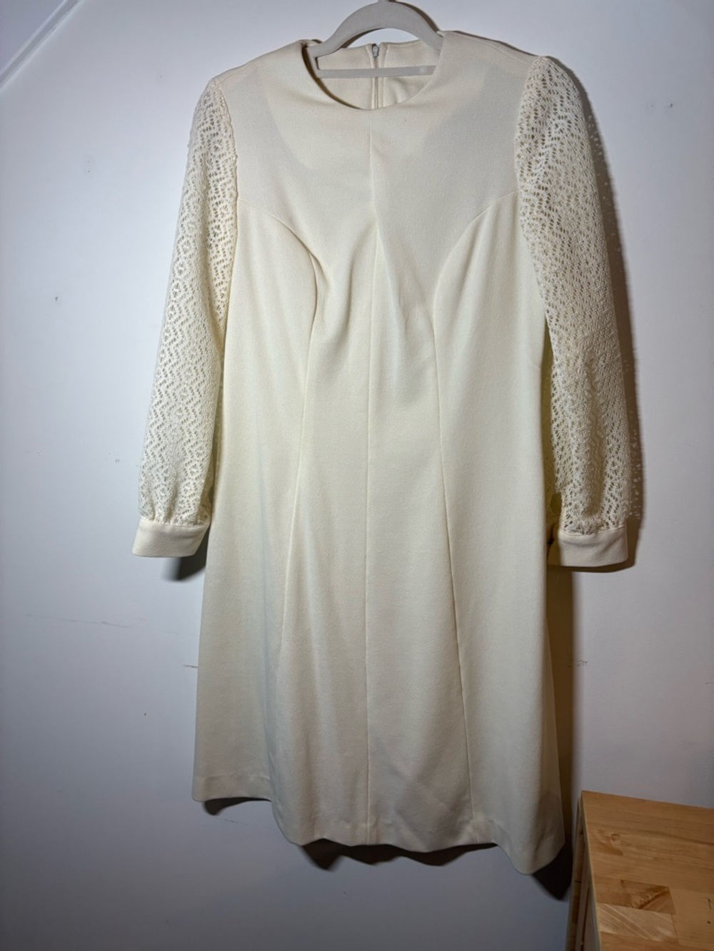 Vintage Cream Long-Sleeve Lace-Sleeve A-Line Dress